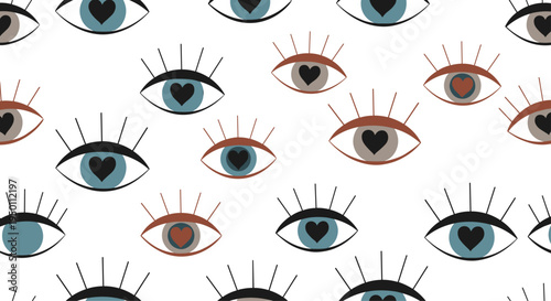 Unique and modern pattern featuring multiple eyes with heart-shaped pupils in various shades of blue and brown on a white background.