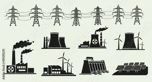 Diverse Energy Sources - Power Plants, Wind Turbines, and Solar Panels.