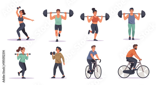 People engaging in various fitness activities with dumbbells and bicycles