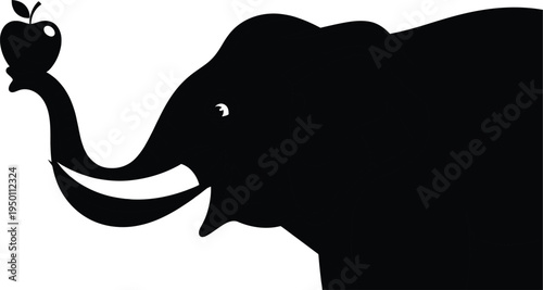 Black silhouette of an elephant holding an apple