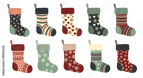 Set of ten colorful hand drawn Christmas stockings with various festive patterns including dots stripes hearts and snowflakes on white background.