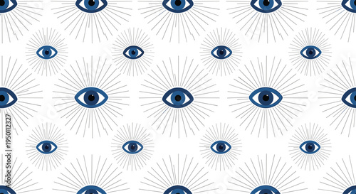 Seamless pattern featuring dark blue evil eye symbols with fine radiating lines on white background representing protection and cultural tradition.