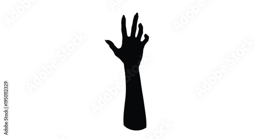 Black silhouette of a gnarled hand reaching upwards on a white background creating a spooky zombie or horror themed visual element.