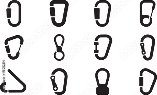 Assortment of climbing carabiners and safety clips vector icons