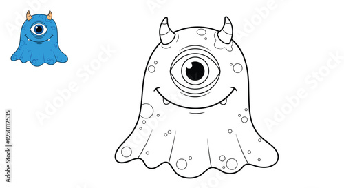 Character illustration of a cute one eyed blue monster provided in a colored version and a larger black and white line art version.