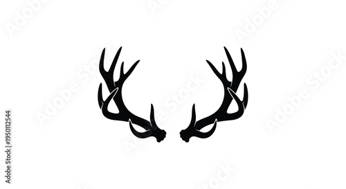 Black silhouette of a pair of large many tined deer antlers symmetrically arranged on a solid white background for hunting or nature themes.