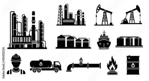 Oil and Gas Industry Icons - Refinery, Pumpjack, Tanker, and More.