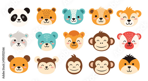 Collection of fifteen cute and colorful animal face icons including panda bear monkey tiger and raccoon on a white background for children.