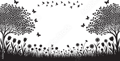 Black silhouette of trees, butterflies and flowers, natural landscape design element, vector illustration