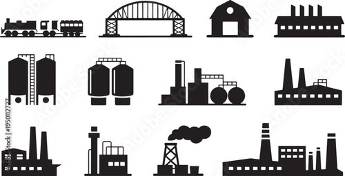 Industrial building silhouettes and factory icons on transparent background
