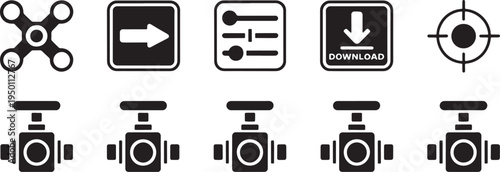 Industrial control interface icons set with drone parts sliders download button and targets