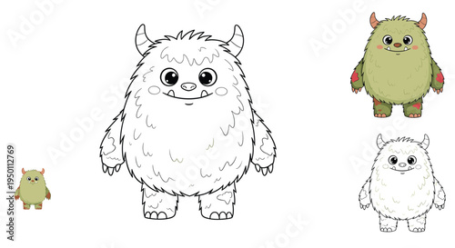Furry monster coloring book page with colored versions shows a cute horned creature designed to engage children in artistic activities.