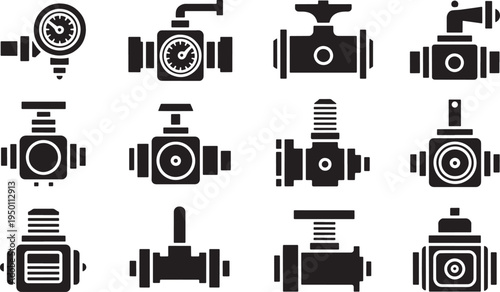Industrial valve icons, plumbing and machinery parts, technical equipment symbols