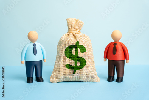 Two businessmen and a dollar money bag. Concluding a deal and paying for completed work. Business meeting with financial agreement. Partnership negotiations and contract signing in commerce.