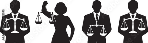 Lawyers and female attorney silhouettes holding scales of justice, legal profession concept