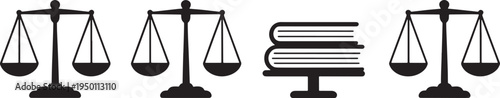 Set of black and white justice scales icons with and without books for law and education