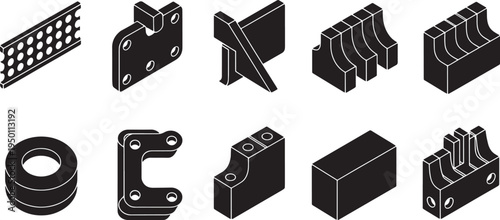 Set of black isometric 3d details with holes for construction works vector illustration