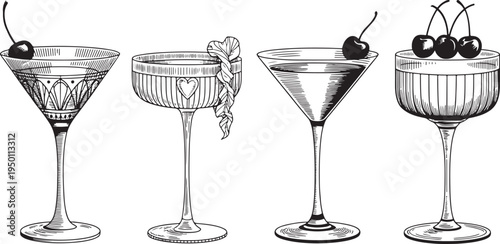 Set of elegant vintage martini glasses with cherry garnish on transparent background