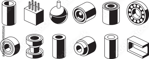 Set of isometric industrial components and machine parts vector illustration