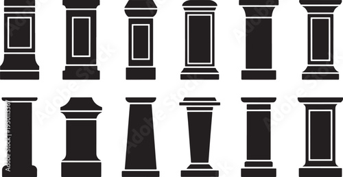 Set of pillar and column icons in silhouette on transparent background