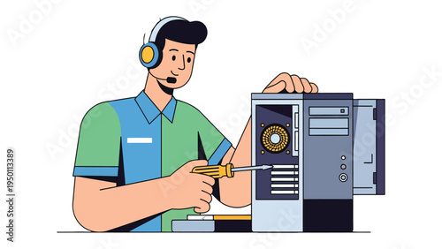 Computer Technician at Work: An expert computer technician is shown engrossed in the delicate task of hardware repair, demonstrating technical skills in a digital environment.