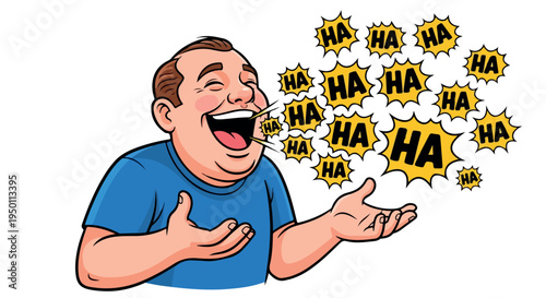 Cartoon man laughing with speech bubbles saying 'ha' floating out of his mouth against a plain white background.