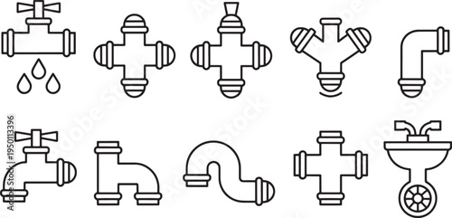 Set of ten different plumbing parts. various water pipes and faucets outlines on transparent background
