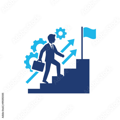 Businessman climbing stairs to success with gears and arrows 