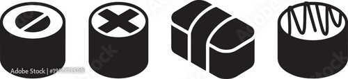 Sushi rolls vector icons, set of four different types of black sushi on transparent background