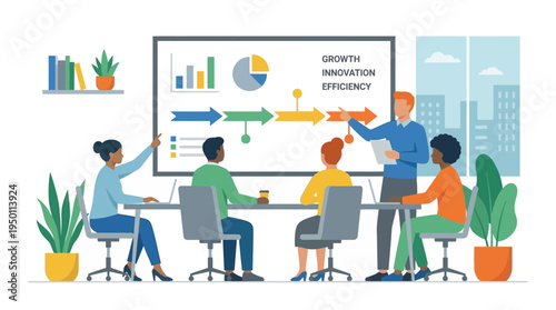 Business team discussing growth and innovation with vector illustration on a whiteboard
