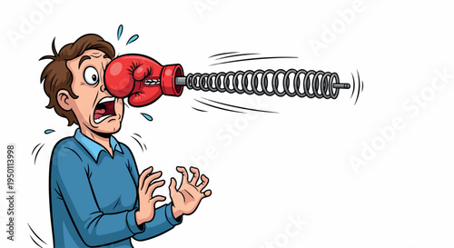 Cartoon man with a shocked expression having a red boxing glove emerging from his nose like a spring, against a clean white background with a comedic and surprised mood.