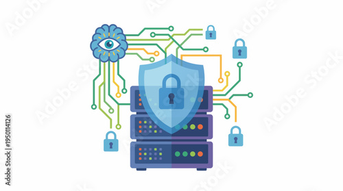 Vector illustration of a secure server room with shield and lock protection