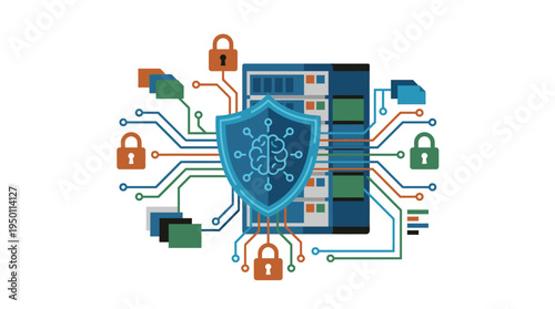 Vector illustration of a shield protecting a computer from cyber threats with locks.