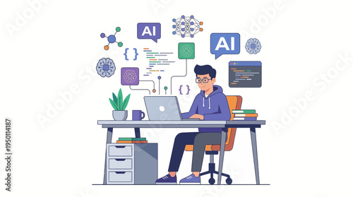 Man sitting at desk working on laptop with AI vector illustration