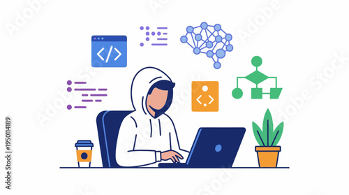 A person in a hoodie works on a laptop surrounded by vector illustration elements.