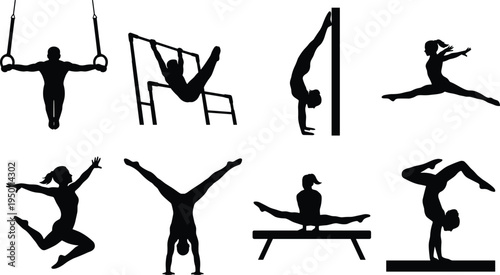 Black and white silhouettes of gymnastics and acrobatic athletes performing rings, bars, splits, handstand poses, isolated sports fitness set