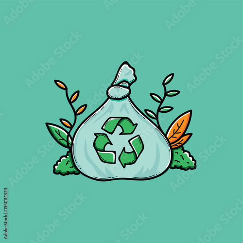 Green Recycling Bag With Recycle Symbol and Leaves Representing Sustainability and Eco Friendly Waste