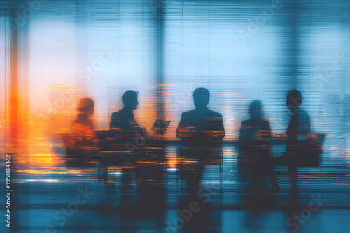 Business professionals in silhouette gather at a conference table within a modern office, framed by window blinds and a vibrant backdrop of mixed blue and orange city lights.