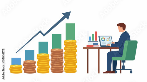 Businessman sitting at desk with laptop analyzing vector illustration of financial growth graph