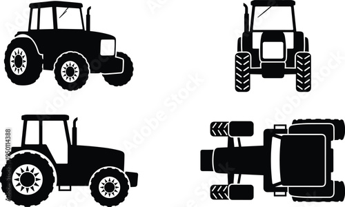 Black tractor silhouette vector set, agricultural farm machinery icons isolated on white background in multiple perspective views
