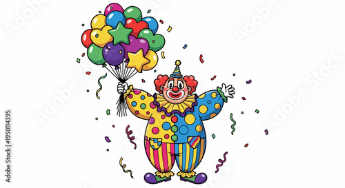 A colorful clown holding a bunch of balloons and confetti in a celebratory pose against a clean white background with a joyful mood.
