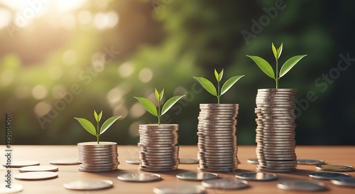 Staged stacks of coins with growing green plants representing financial success and sustainable investment growth