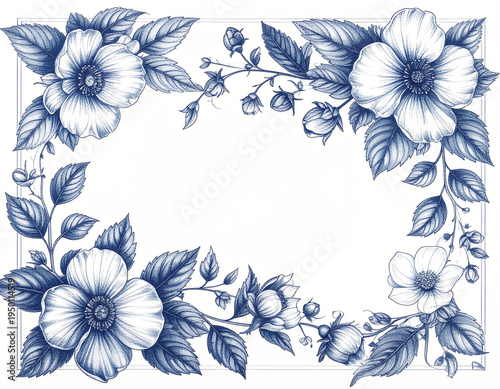 クラシックなペン画フラワー枠デザイン｜Classic Pen Drawing Floral Frame Design	