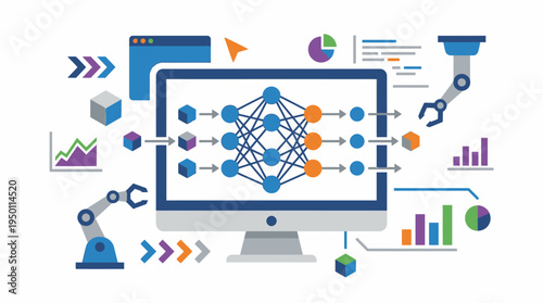 A vector illustration of a computer displaying a neural network surrounded by various data visualization tools and robotic arms in a technological environment.