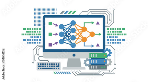 Vector illustration of a computer displaying a neural network on its screen with circuits.