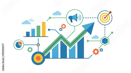 The vector illustration shows a business graph with an upward trend and various icons.