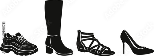 Collection of four black footwear silhouettes including a sneaker a tall boot a strappy sandal and a classic high heel,