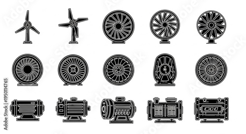 Collection of Renewable Energy and Electric Motor Icons in Black and White.