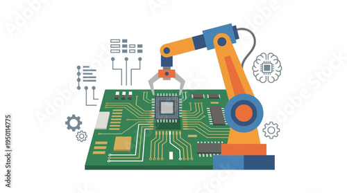 A robotic arm places a vector illustration of a microchip on a circuit board.