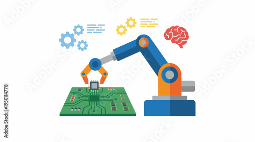 A robotic arm performs an illustration of vector assembly on a circuit board with gears and a brain.